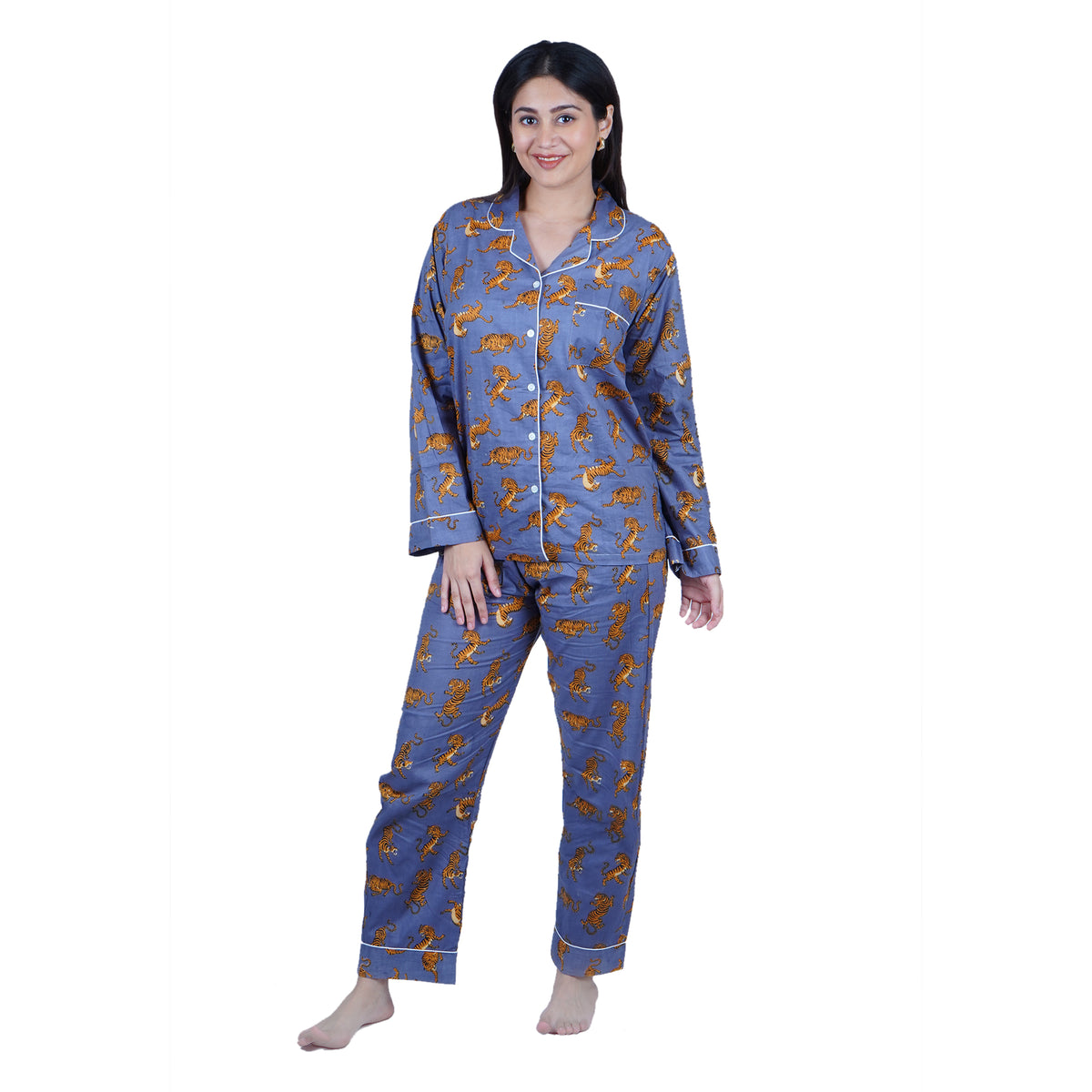 Long Cotton Pyjama Set - Tiger Print