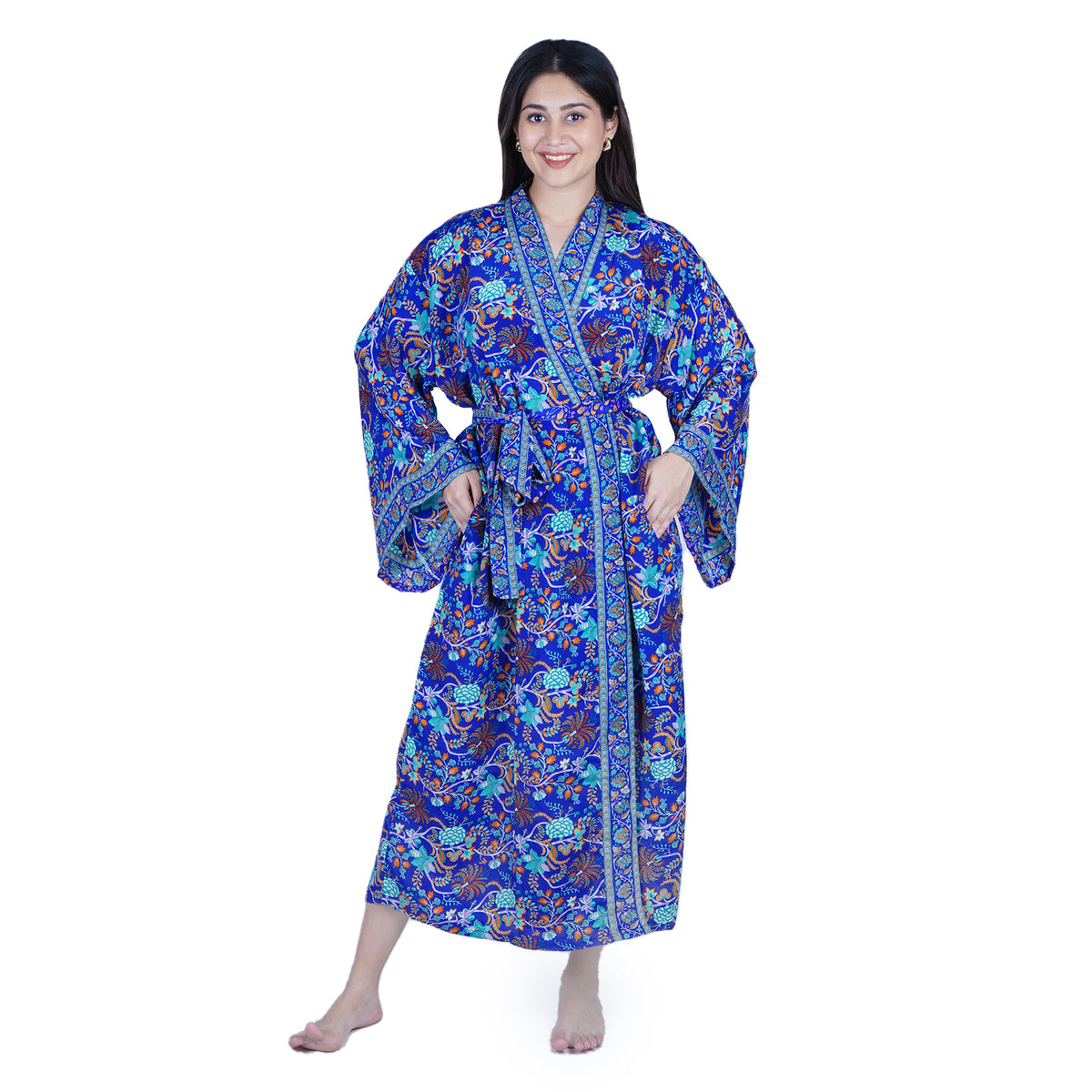 New Luxury Silk Boho Kimono House Robe - Royal Blue Floral