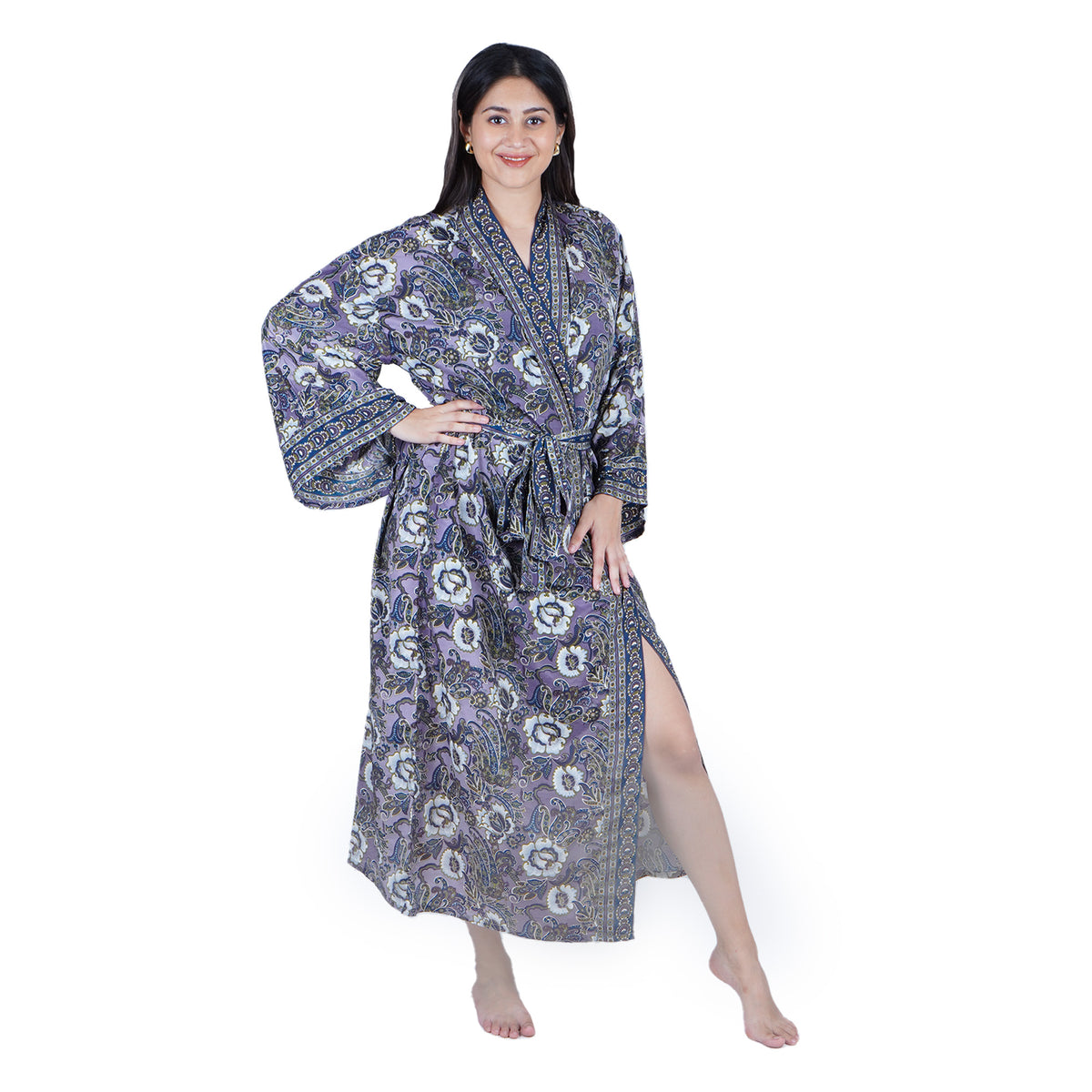 New Luxury Silk Boho Kimono House Robe - Purple Blue Floral