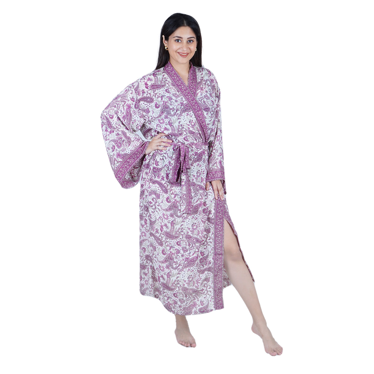 New Luxury Silk Boho Kimono House Robe - Purple White Paisley