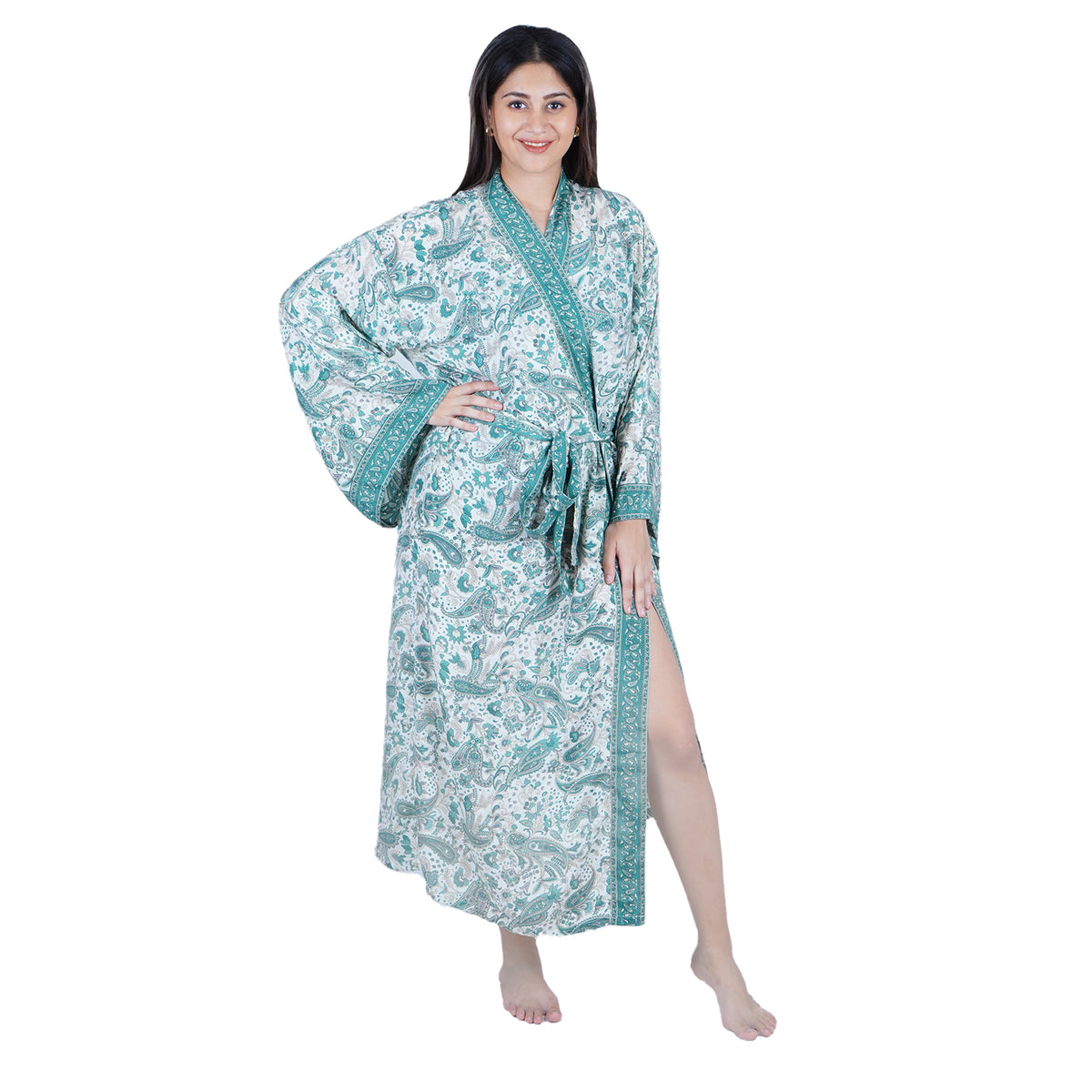 New Luxury Silk Boho Kimono House Robe - Teal Green And White Paisley