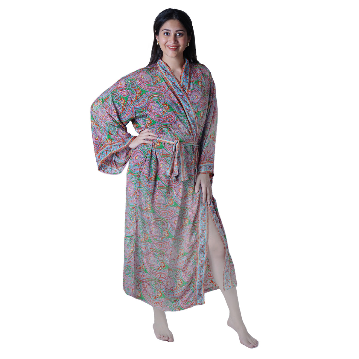 New Luxury Silk Boho Kimono House Robe - Pink Green Paisley