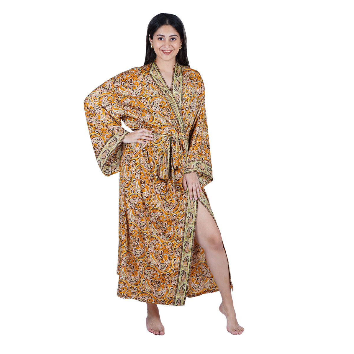 New Luxury Silk Boho Kimono House Robe - Mustard Yellow Paisley