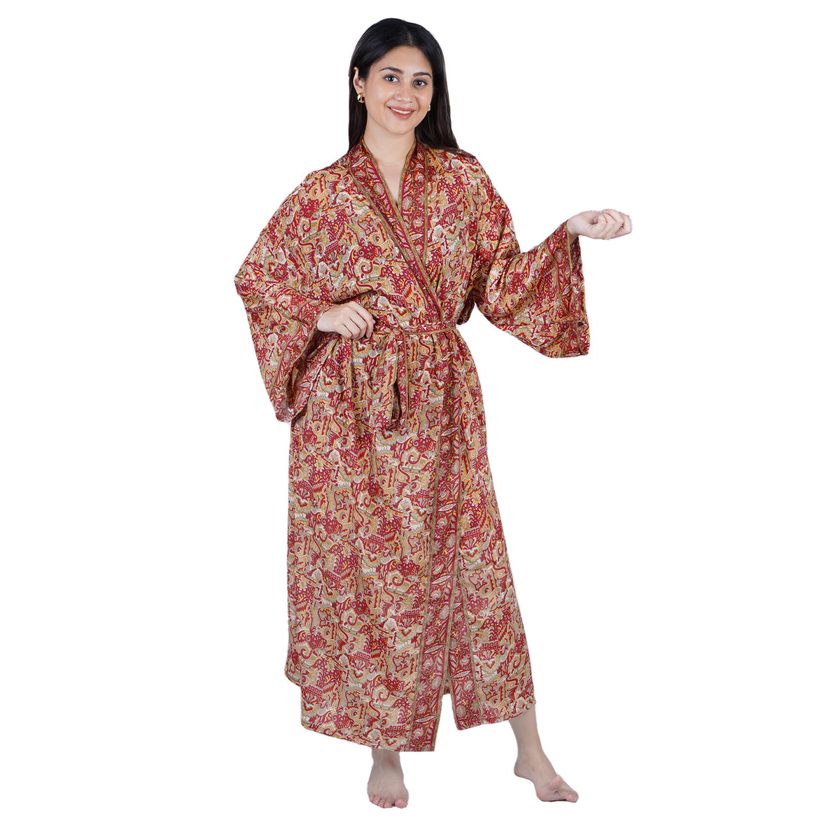 New Luxury Silk Boho Kimono House Robe - Red Floral