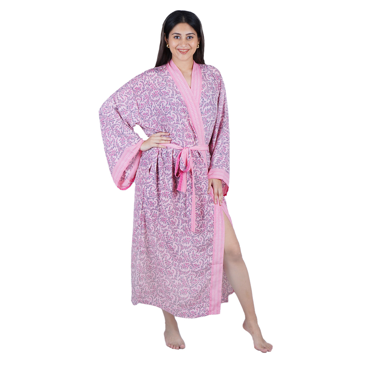 New Luxury Silk Boho Kimono House Robe - Pink Floral