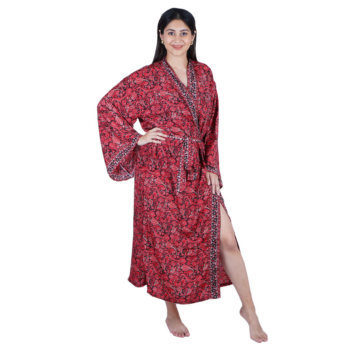 New Luxury Silk Boho Kimono House Robe - Red Black Floral