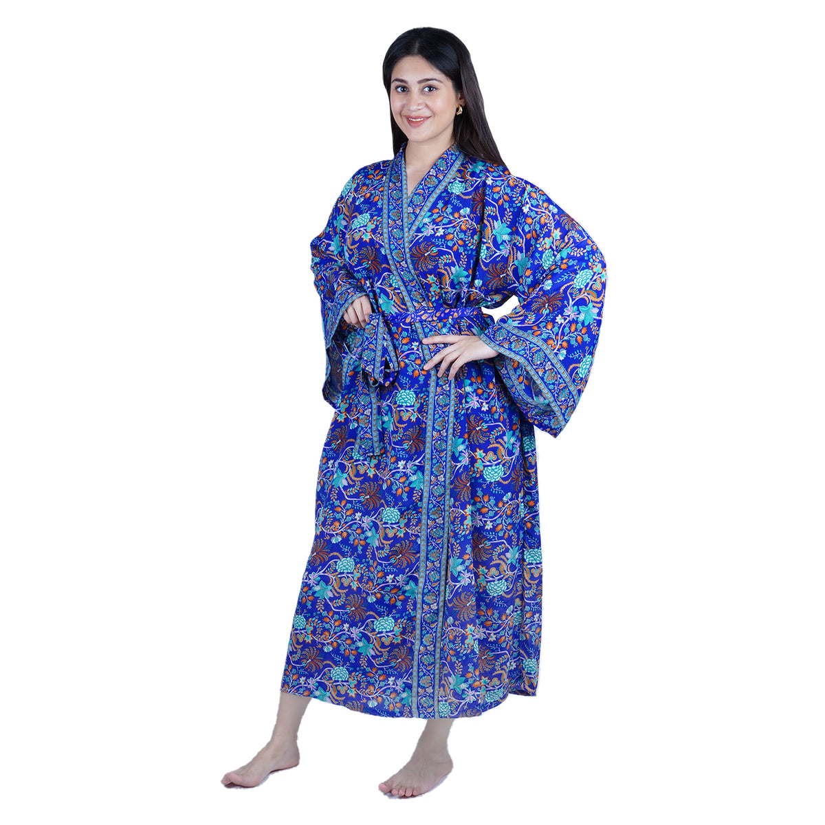 New Luxury Silk Boho Kimono House Robe - Royal Blue Floral