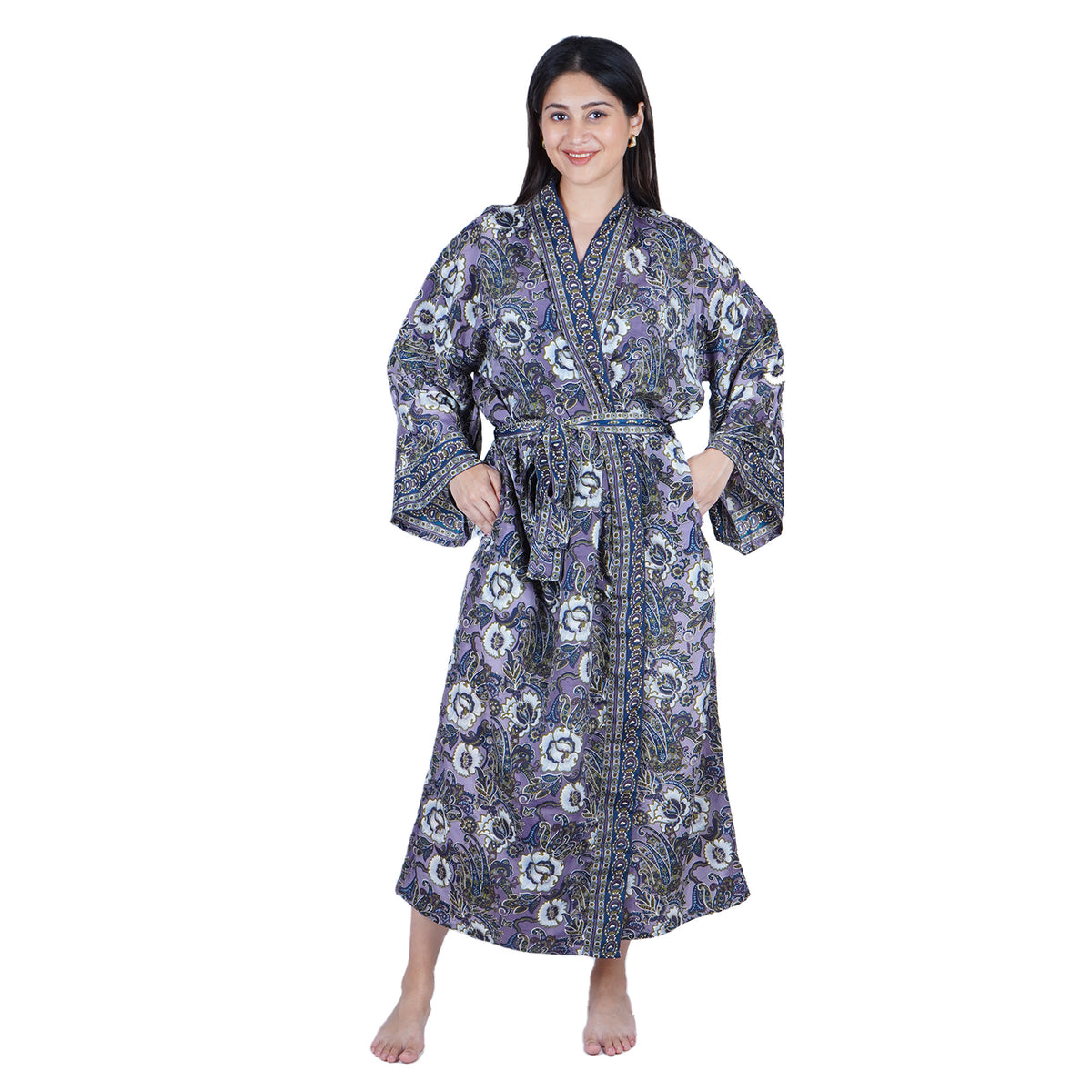 New Luxury Silk Boho Kimono House Robe - Purple Blue Floral