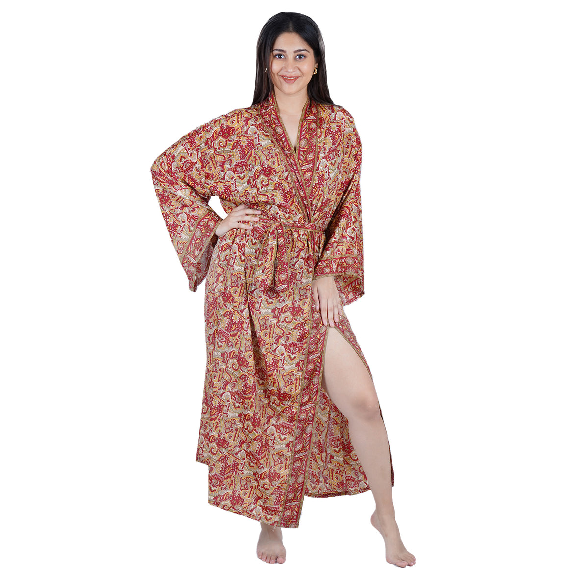 New Luxury Silk Boho Kimono House Robe - Red Floral