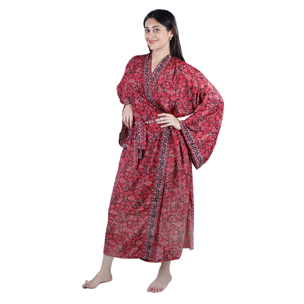 New Luxury Silk Boho Kimono House Robe - Red Black Floral