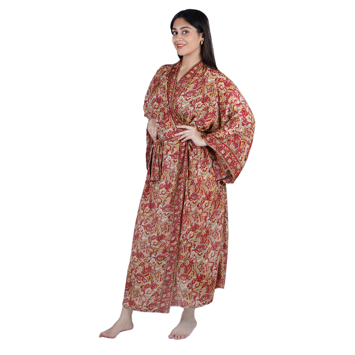 New Luxury Silk Boho Kimono House Robe - Red Floral