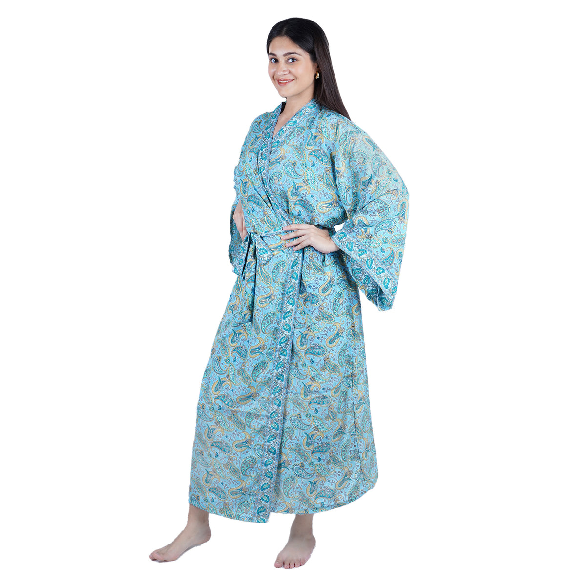 New Luxury Silk Boho Kimono House Robe - Sky Blue Paisley