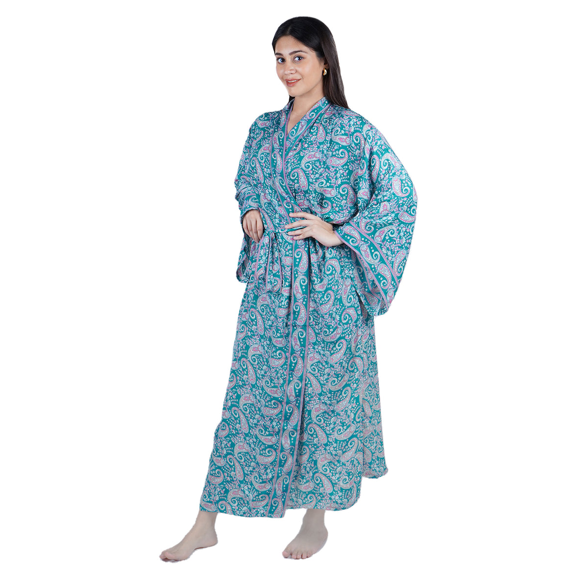 New Luxury Silk Boho Kimono House Robe - Teal Blue Paisley