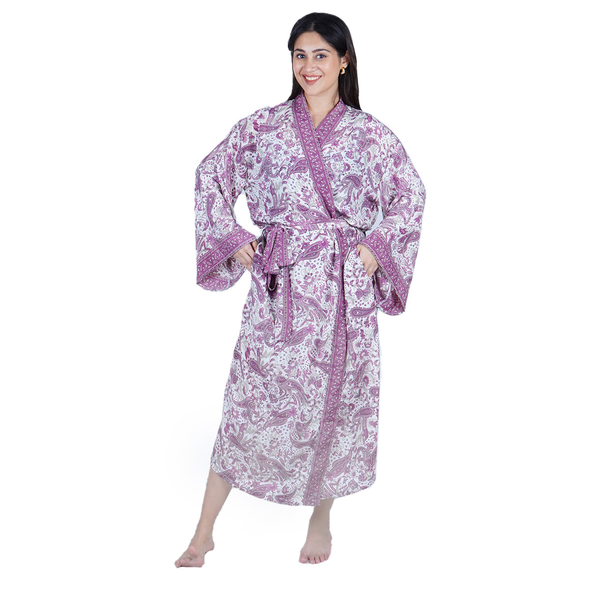 New Luxury Silk Boho Kimono House Robe - Purple White Paisley