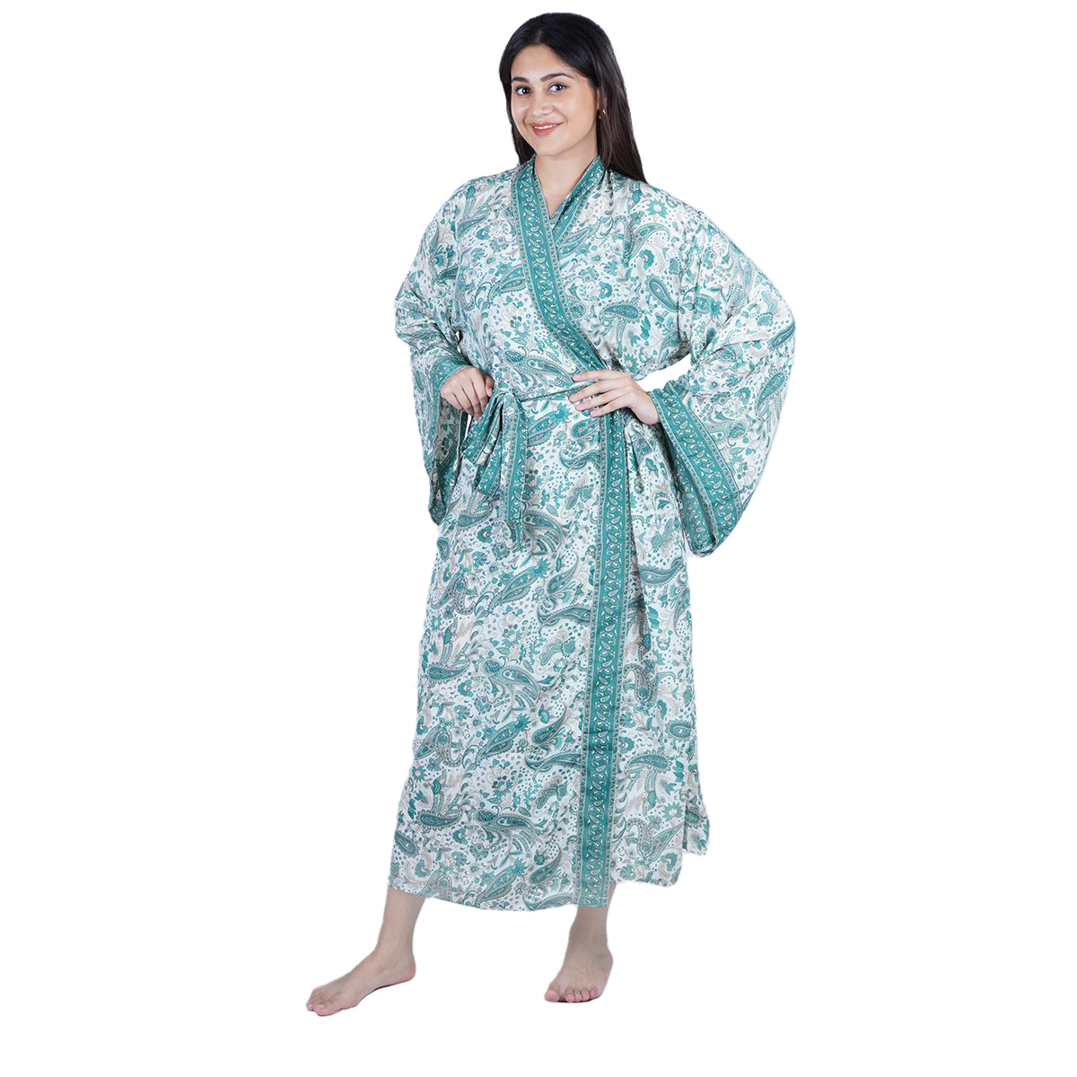 New Luxury Silk Boho Kimono House Robe - Teal Green And White Paisley