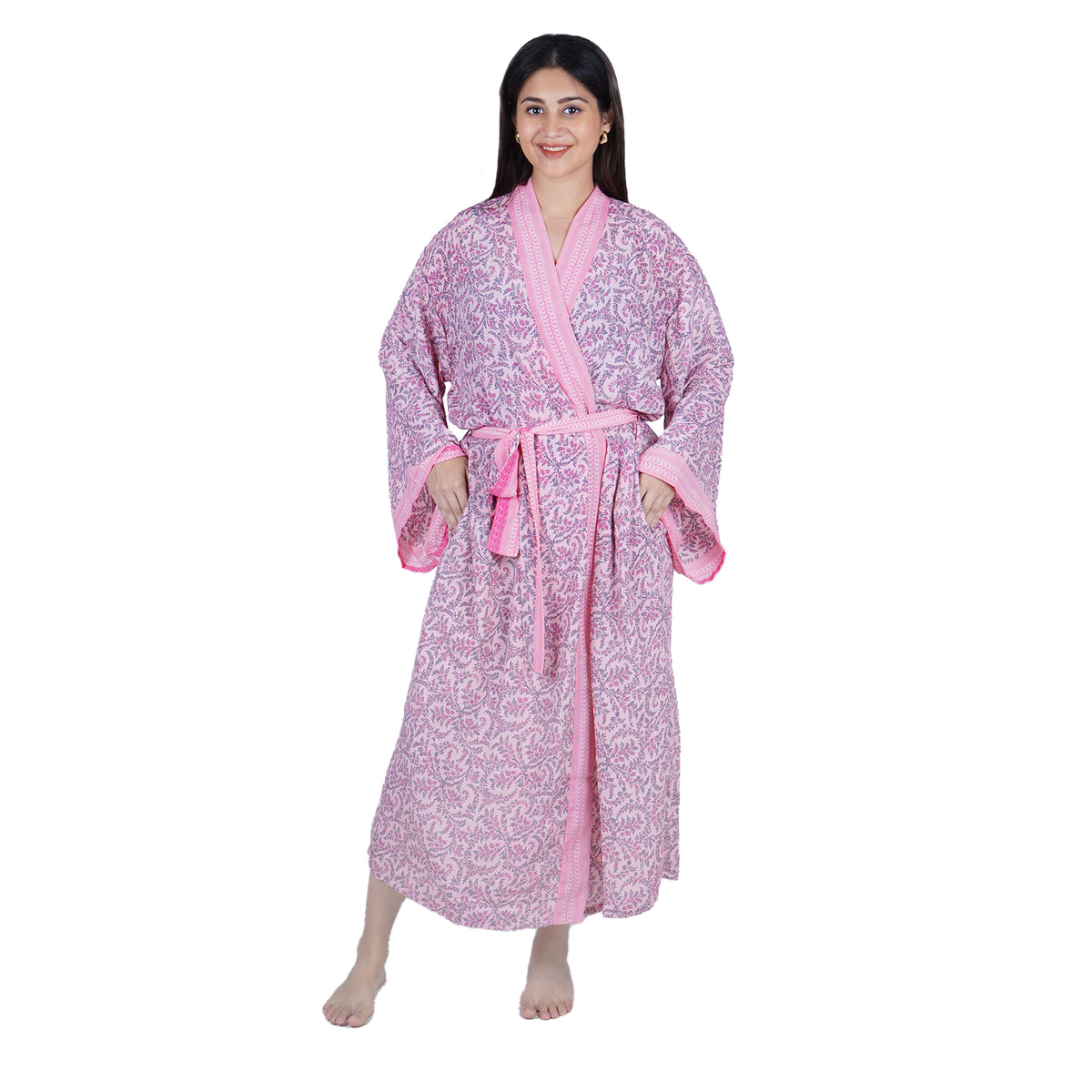 New Luxury Silk Boho Kimono House Robe - Pink Floral