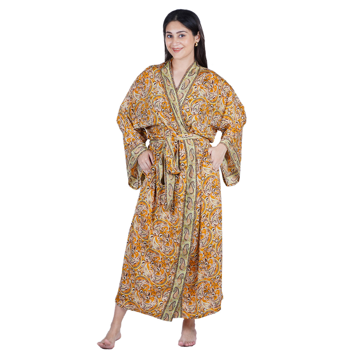 New Luxury Silk Boho Kimono House Robe - Mustard Yellow Paisley