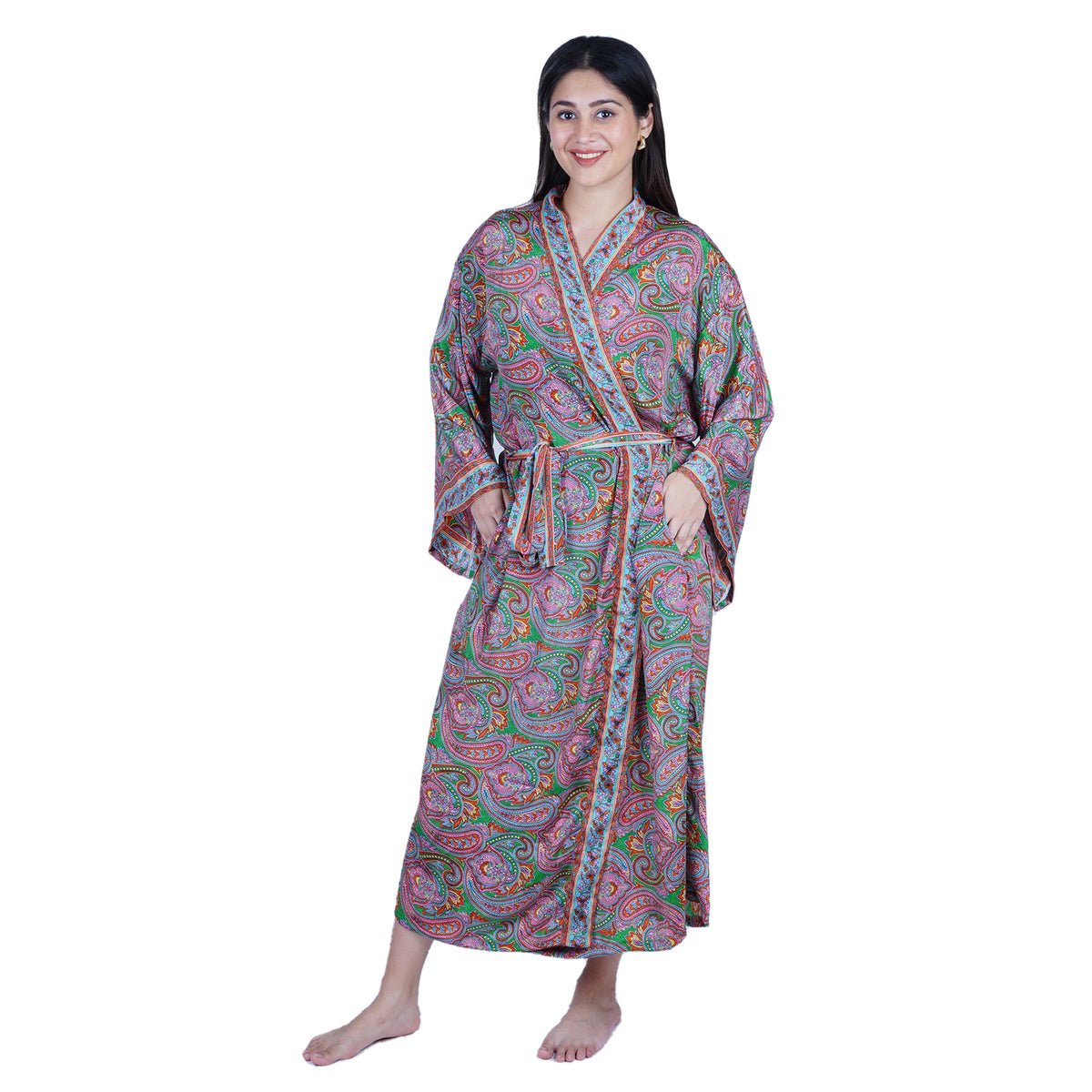 New Luxury Silk Boho Kimono House Robe - Pink Green Paisley