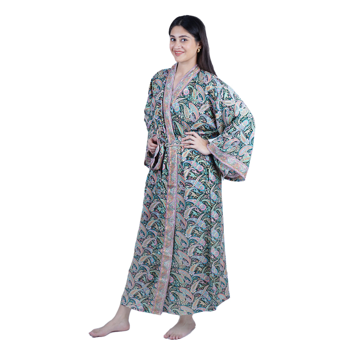 New Luxury Silk Boho Kimono House Robe - Black Paisley