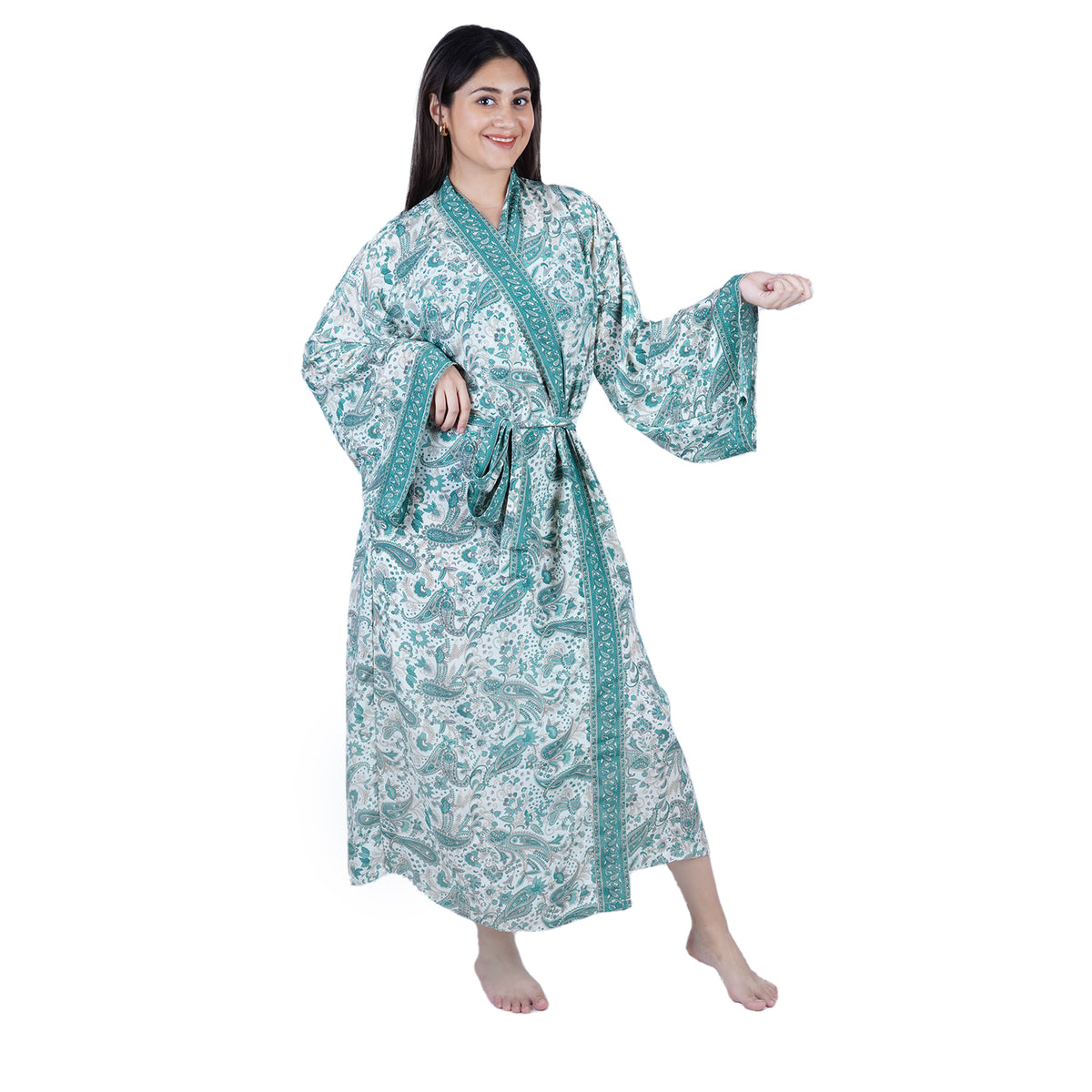 New Luxury Silk Boho Kimono House Robe - Teal Green And White Paisley