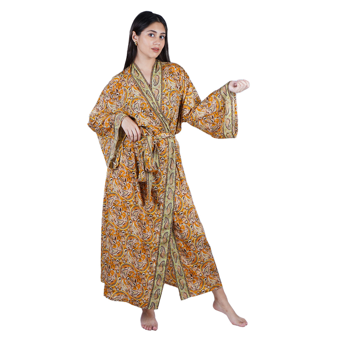 New Luxury Silk Boho Kimono House Robe - Mustard Yellow Paisley