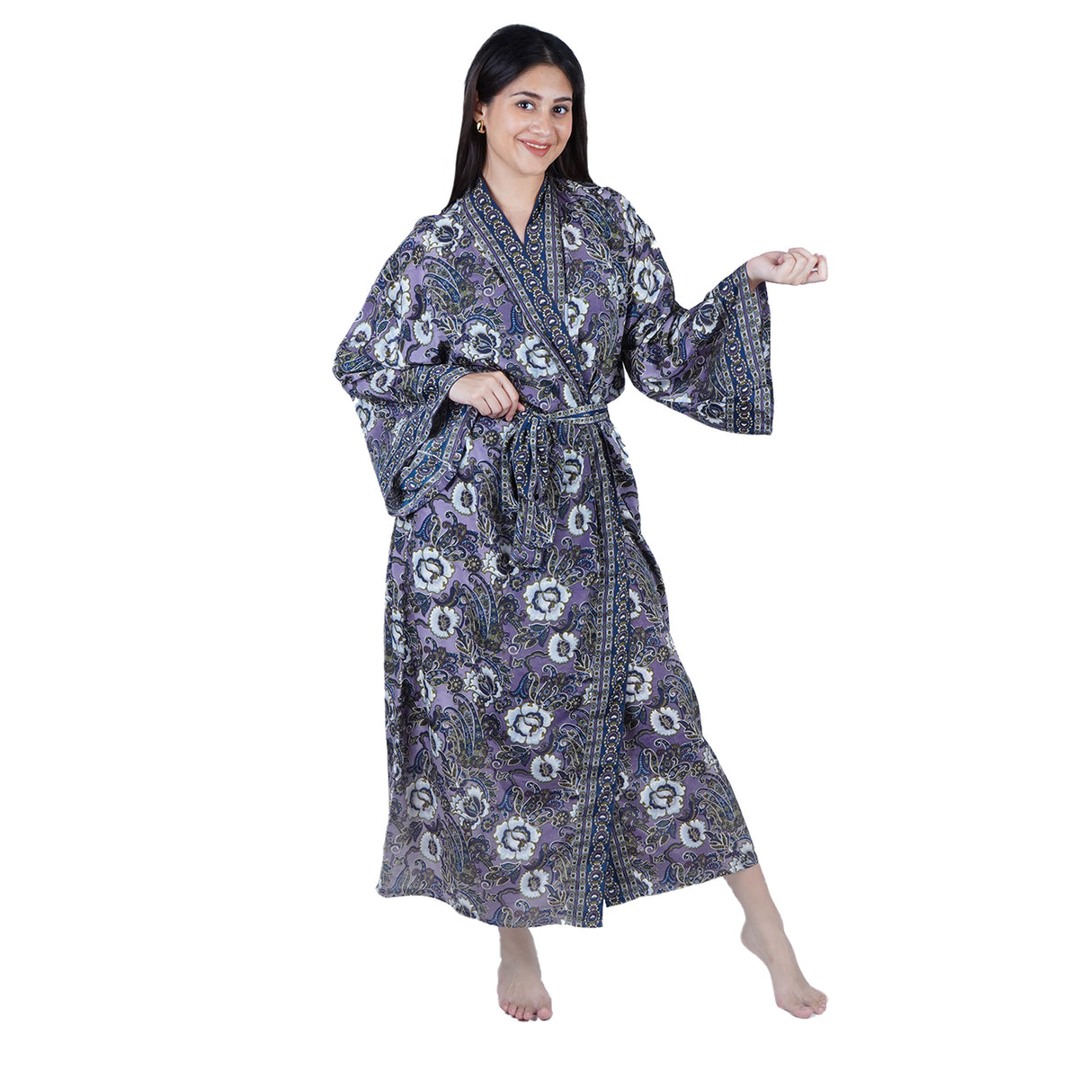 New Luxury Silk Boho Kimono House Robe - Purple Blue Floral