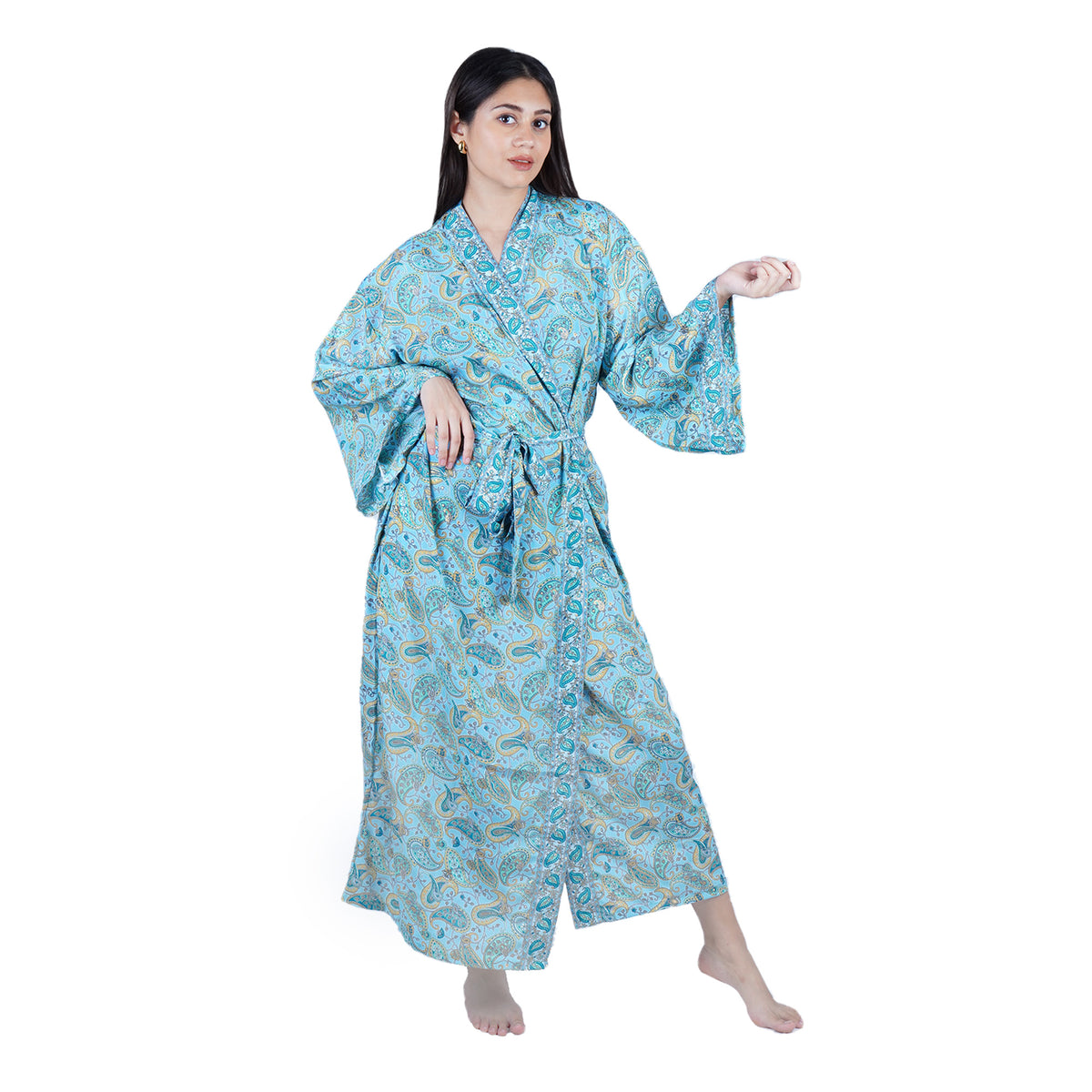 New Luxury Silk Boho Kimono House Robe - Sky Blue Paisley