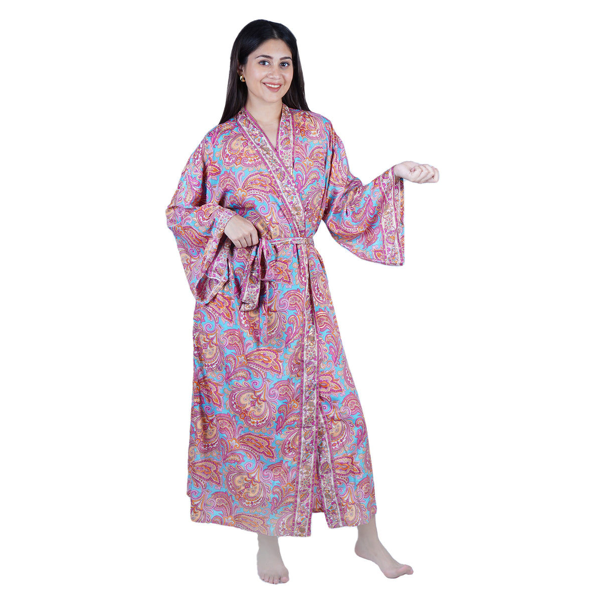 New Luxury Silk Boho Kimono House Robe - Pink & Blue Paisley