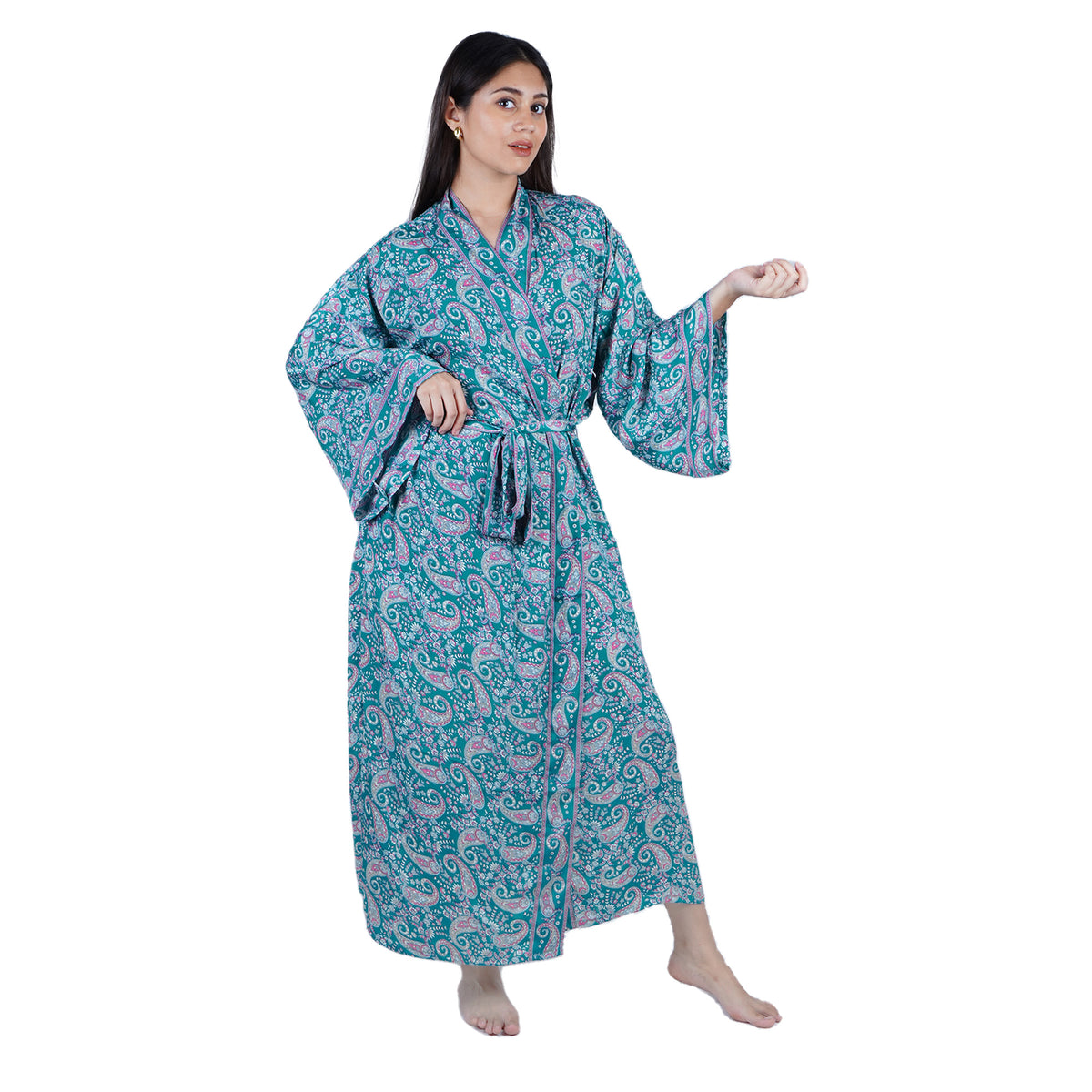 New Luxury Silk Boho Kimono House Robe - Teal Blue Paisley