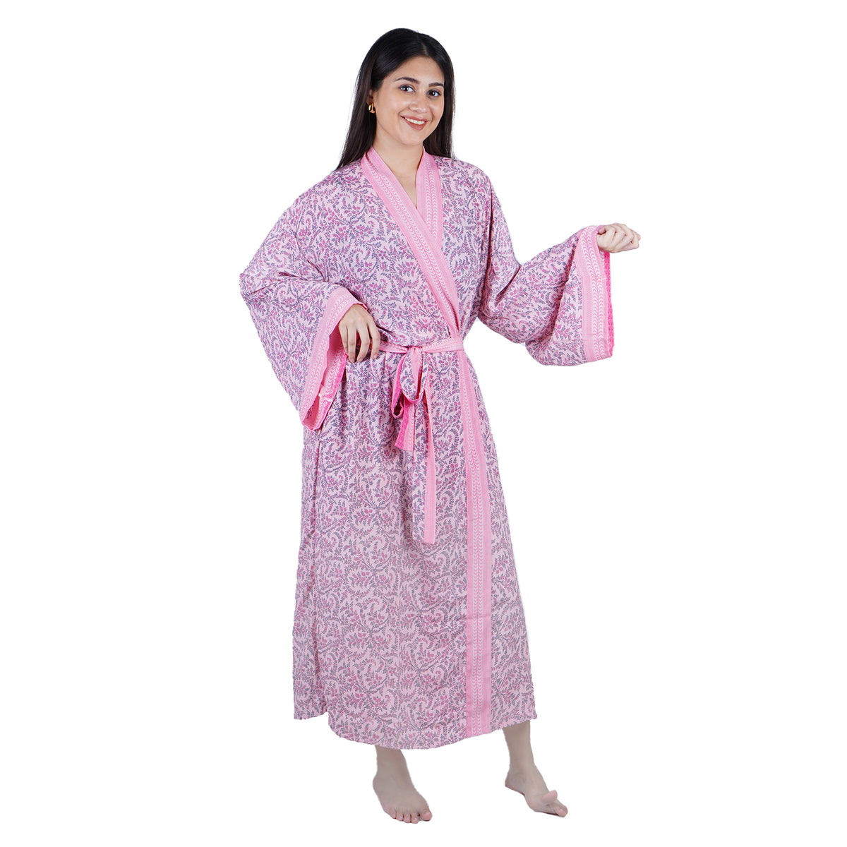 New Luxury Silk Boho Kimono House Robe - Pink Floral