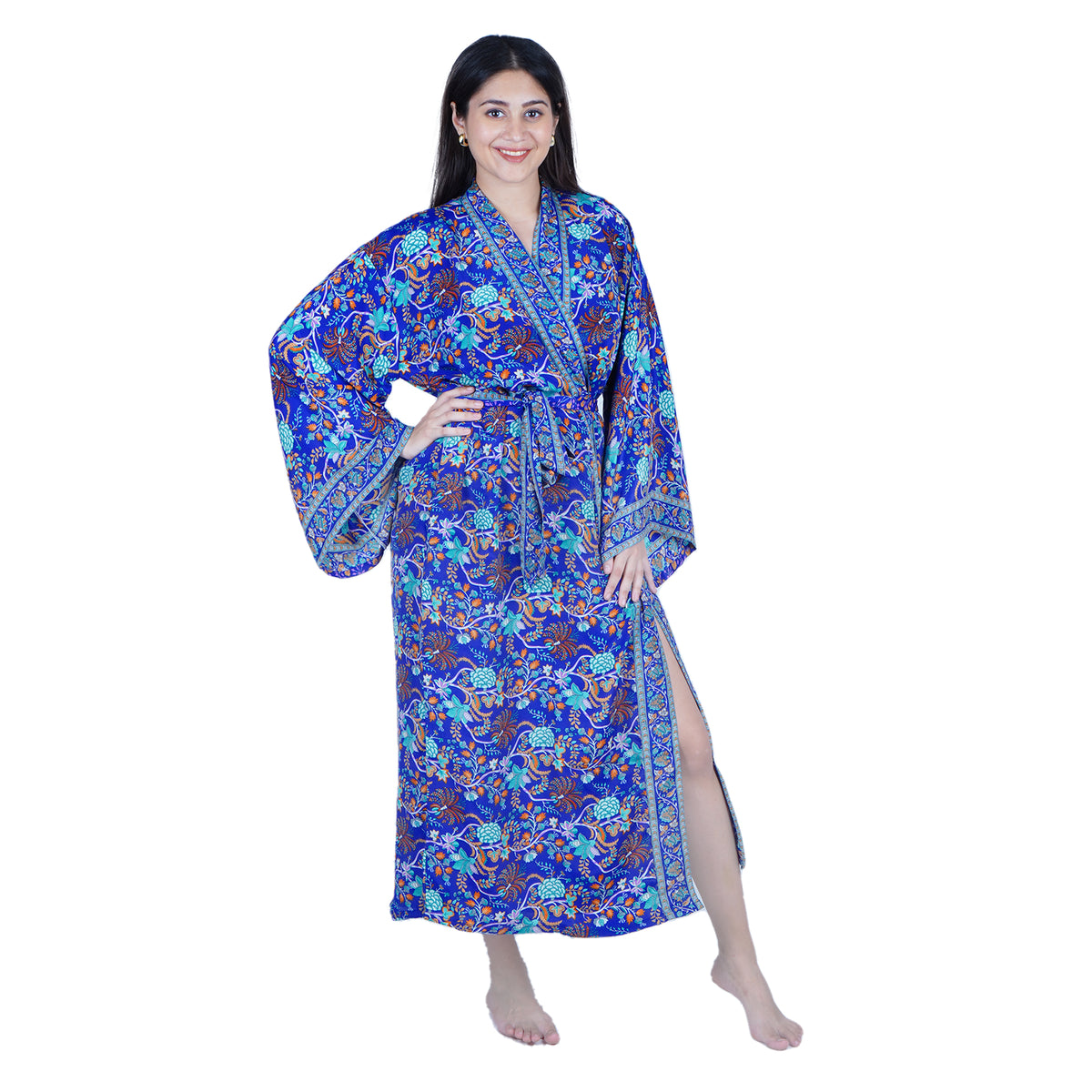 New Luxury Silk Boho Kimono House Robe - Royal Blue Floral