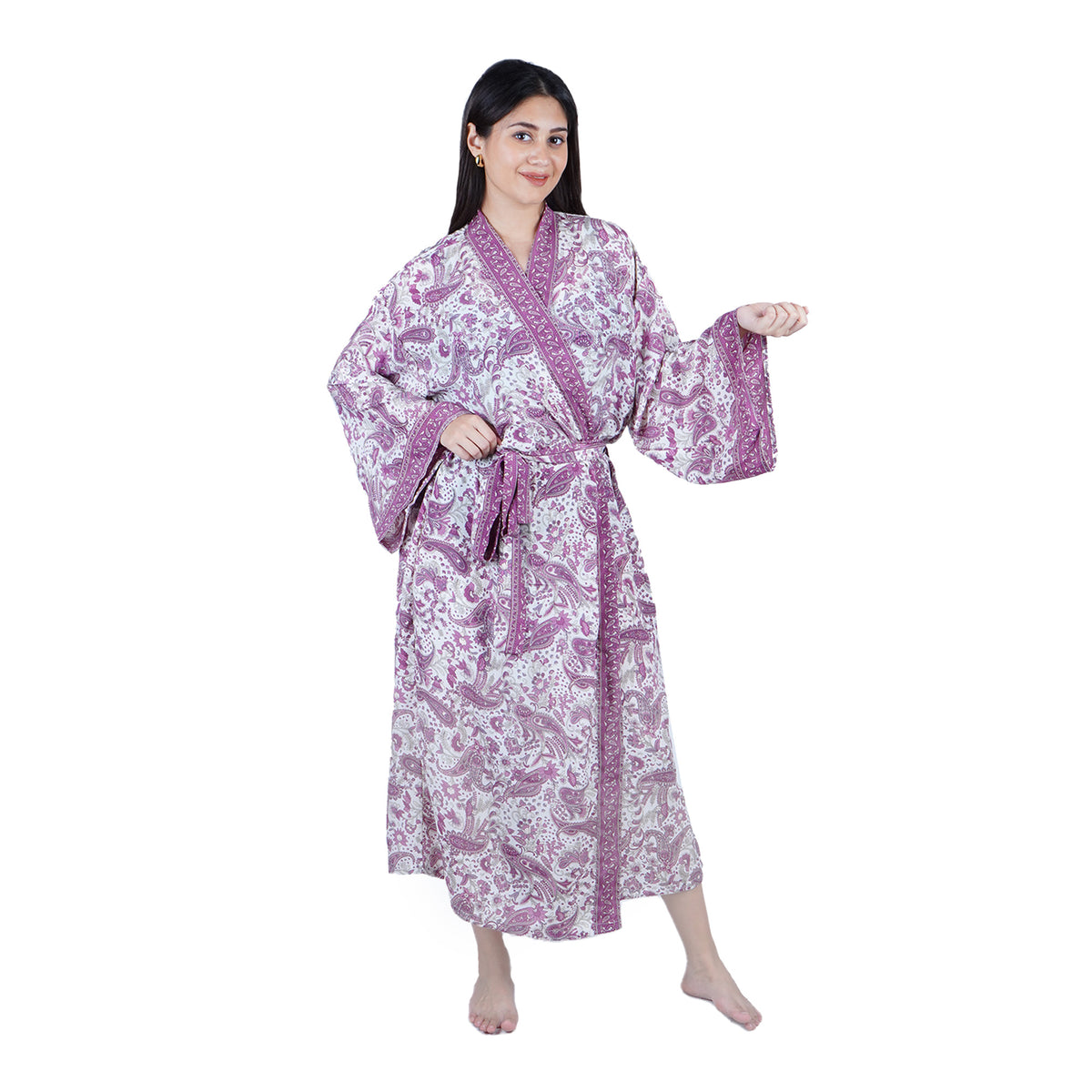 New Luxury Silk Boho Kimono House Robe - Purple White Paisley