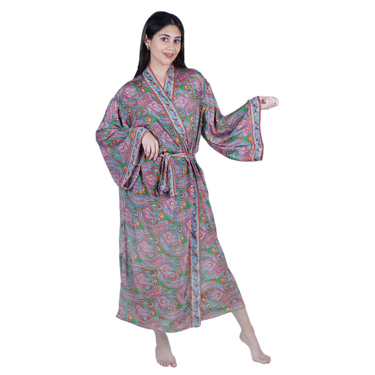 New Luxury Silk Boho Kimono House Robe - Pink Green Paisley