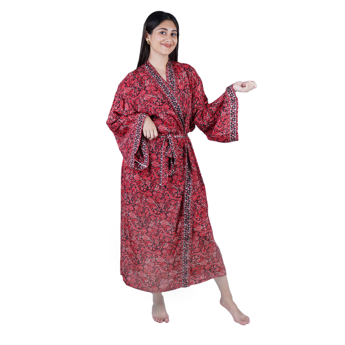 New Luxury Silk Boho Kimono House Robe - Red Black Floral