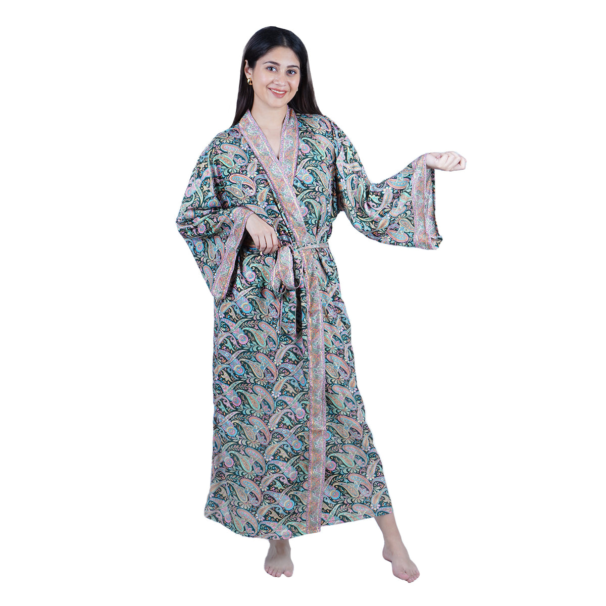 New Luxury Silk Boho Kimono House Robe - Black Paisley