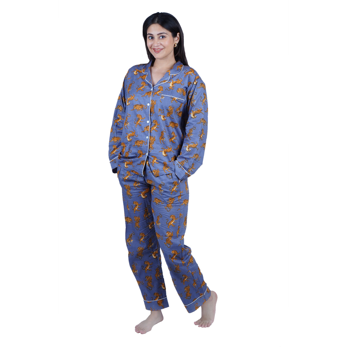 Long Cotton Pyjama Set - Tiger Print