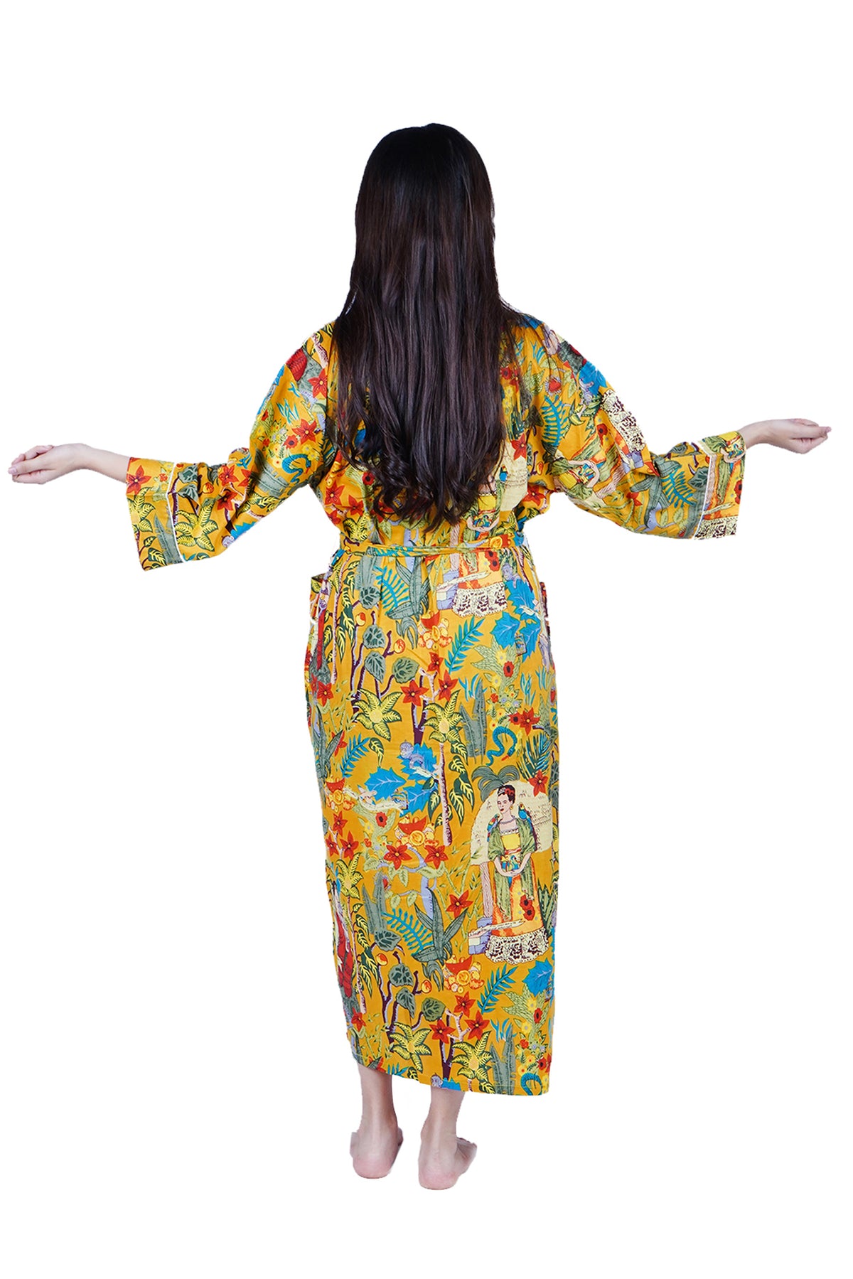 Mustard Yellow Frida Kahlo Cotton Kimono Dressing Gown