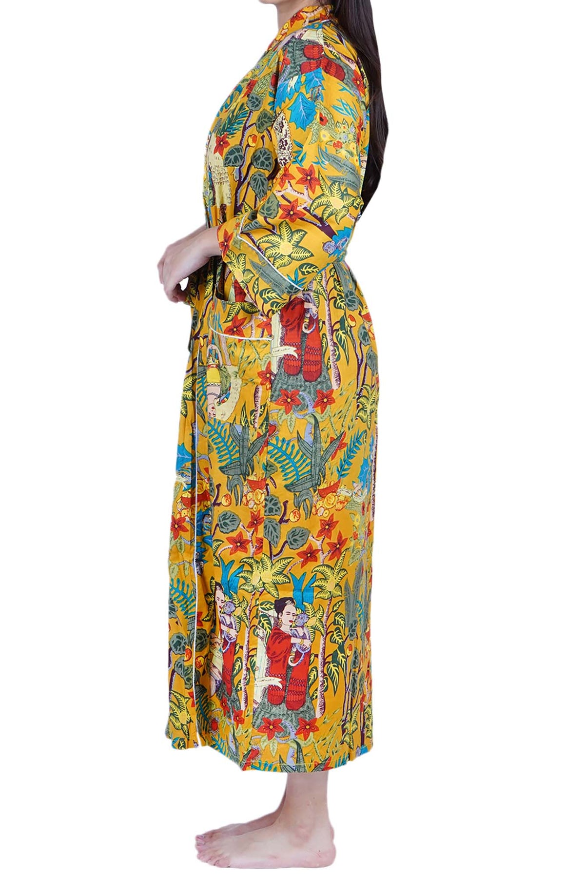 Mustard Yellow Frida Kahlo Cotton Kimono Dressing Gown