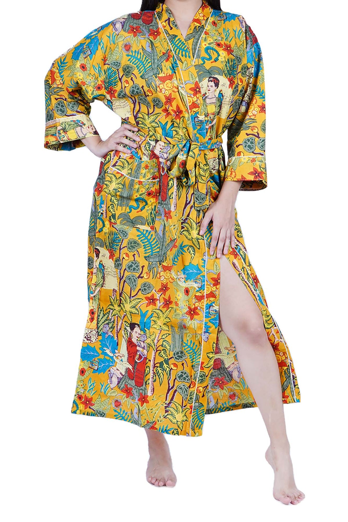 Mustard Yellow Frida Kahlo Cotton Kimono Dressing Gown