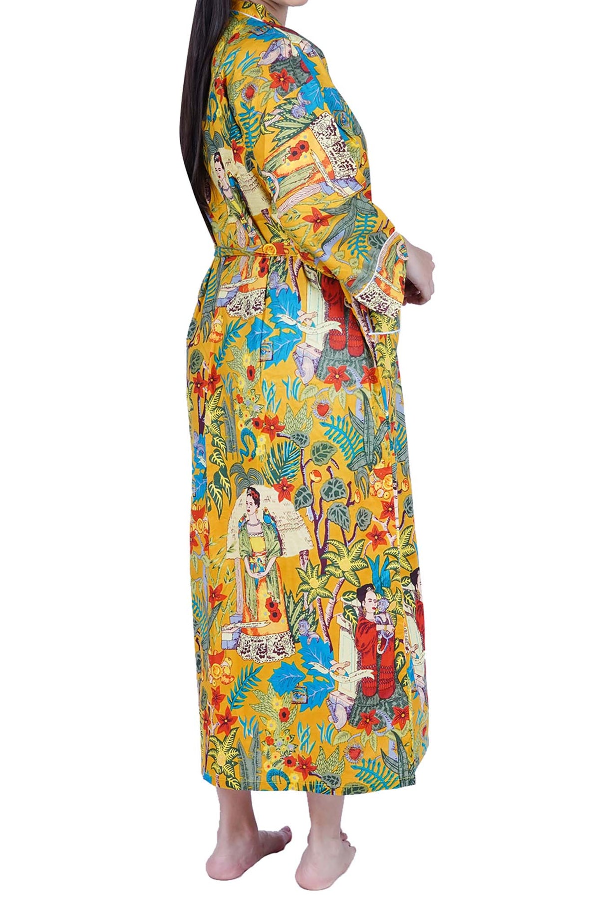 Mustard Yellow Frida Kahlo Cotton Kimono Dressing Gown