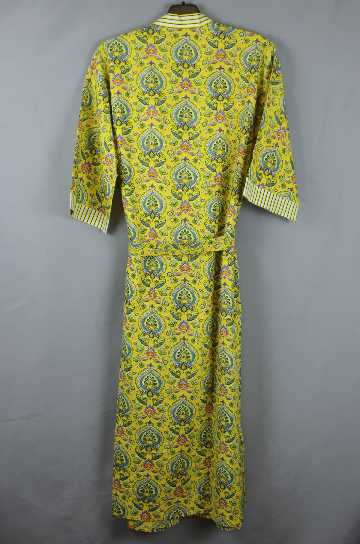 Summer Nightingale Greenish Yellow Base Long Cotton Kimono Dressing Gown