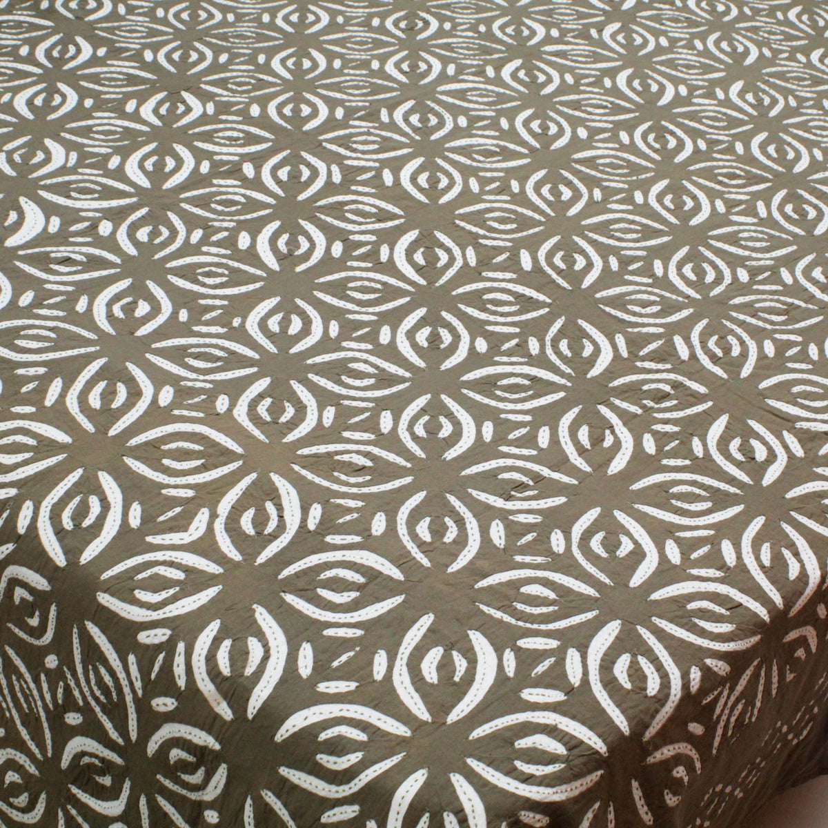 Greenish Grey Indian Applique Cutwork Kantha Bedspread