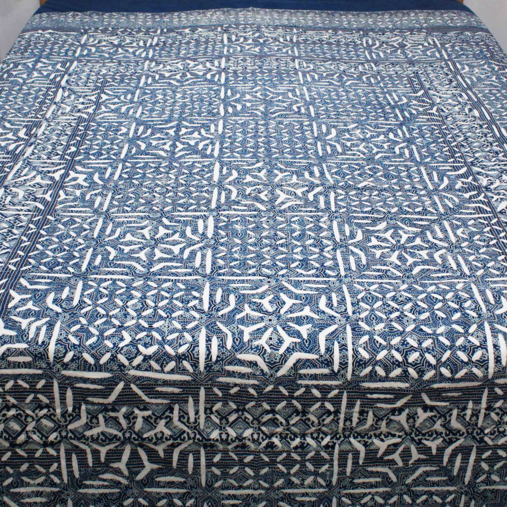 Indigo blue block Print Kantha quilt, hand stitched cottob blanket throw Natural Vegetable top Dye Bedspread, Hand Stitched Kantha Quilt CKQ#069