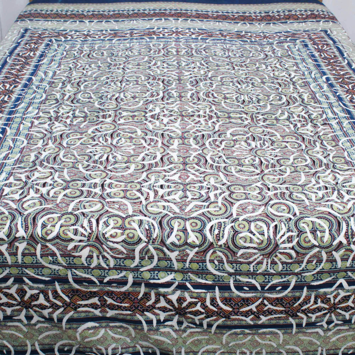 Blue Ajarakh Cutwork Indian Kantha Applique Bedspread