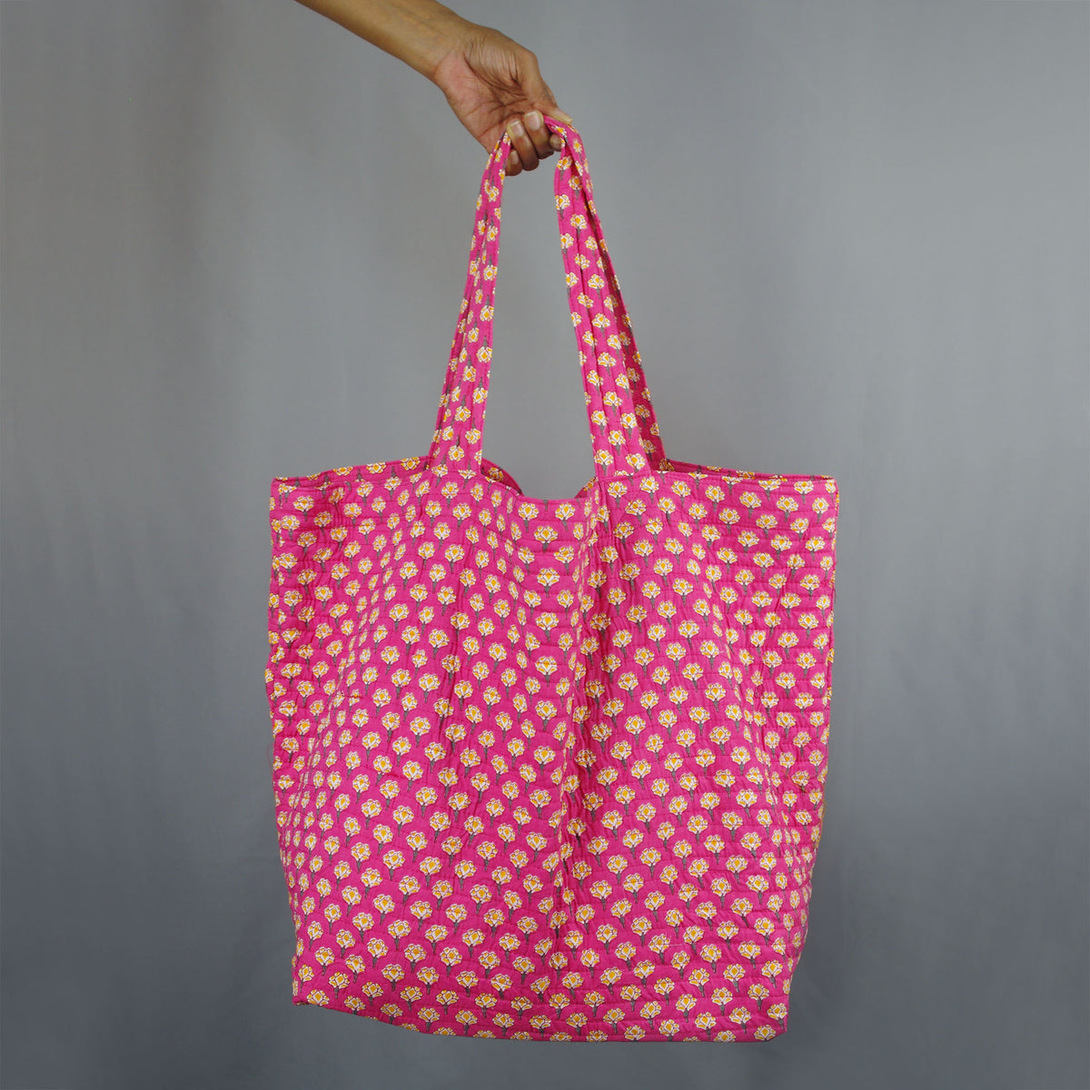 Cotton Quilted Large Shoppping / Beach Bag - Yellow Flowers On Pink