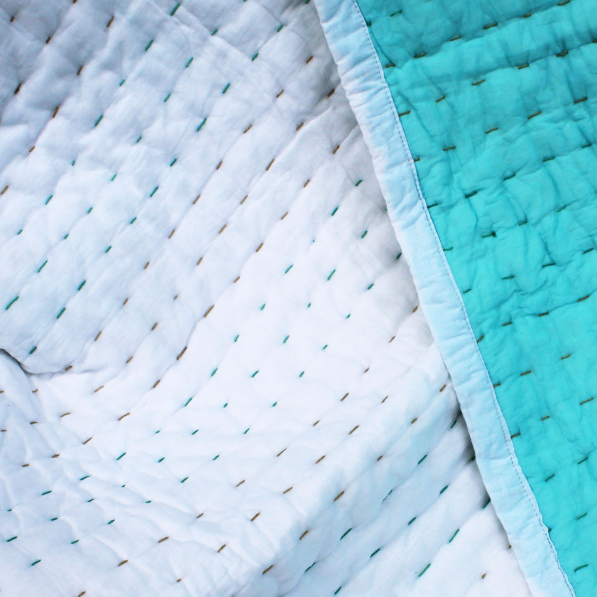 White & Light Blue Cotton Quilted Soft Baby Kantha Quilt