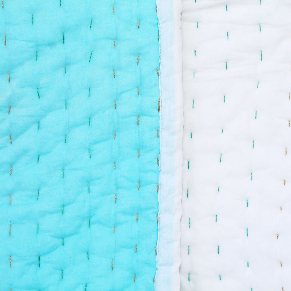 White & Light Blue Cotton Quilted Soft Baby Kantha Quilt