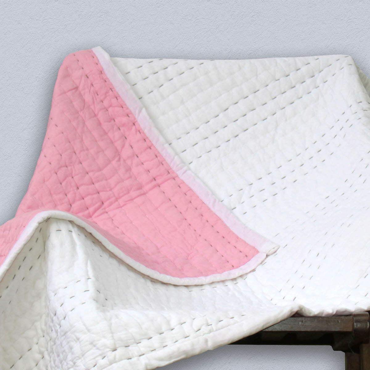 Baby Pink & White Cotton Quilted Soft Baby Kantha Quilt