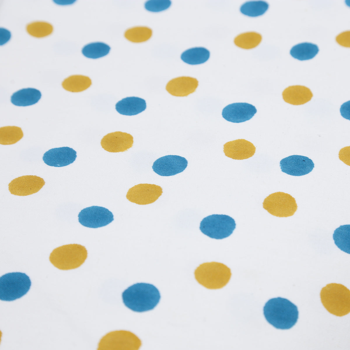 Baumwoll-Canvas-Stoff - weiße Basis blau und gelb gepunktet