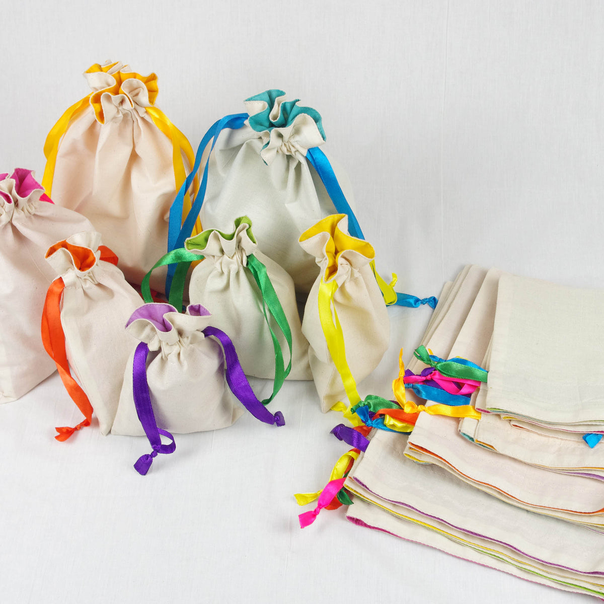 Cotton Drawstring Gift Bags In White Rainbow Colour X Set of 4